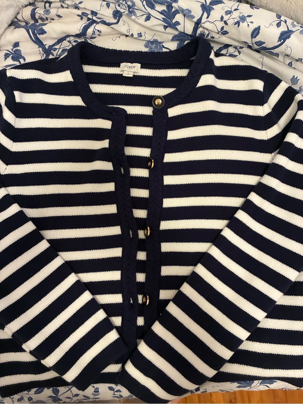 J. Crew Navy and White Striped Button-Front Cardigan